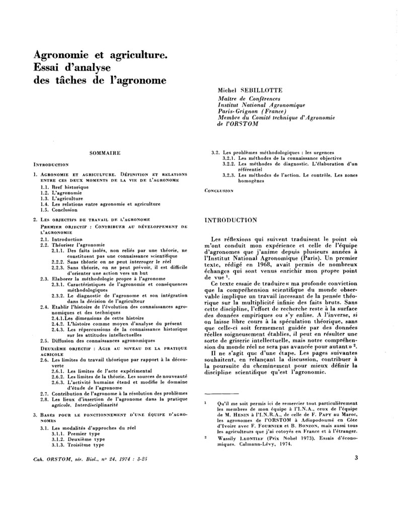 Agronomie et agriculture.
Essai d'analyse des tâches de l'agronome